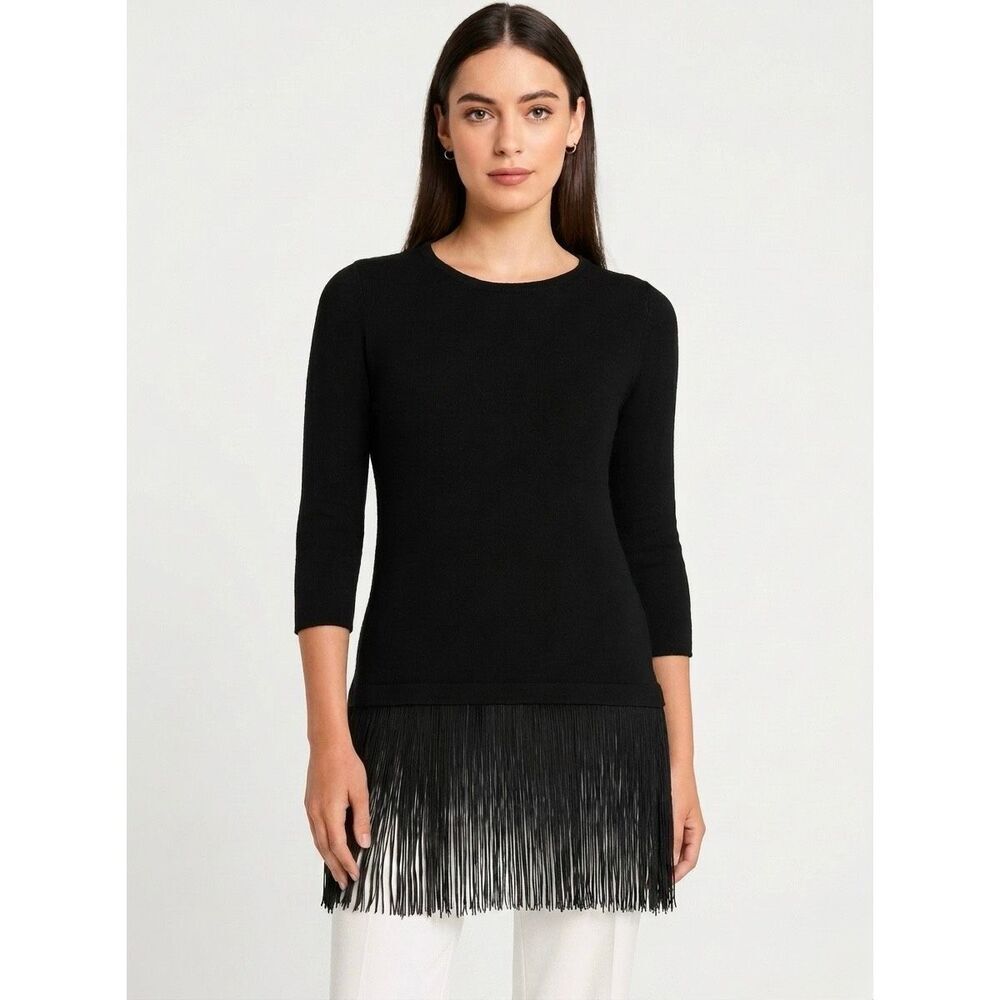 Neiman Marcus Black Cashmere 3/4 Sleeve Fringe Tunic Sweater